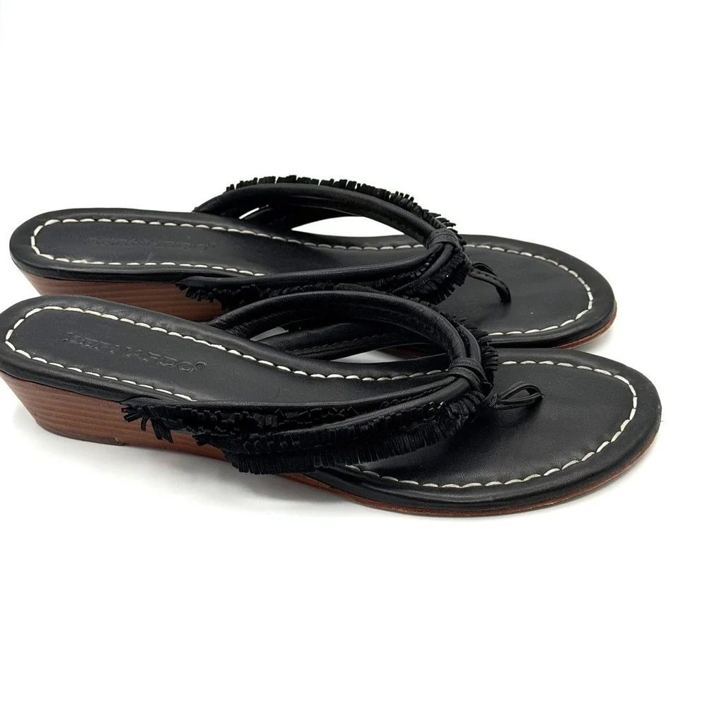 Bernardo Women Sandals 9M Wedge Thong Leather Boho Fringe Vero Cuoio Shoes